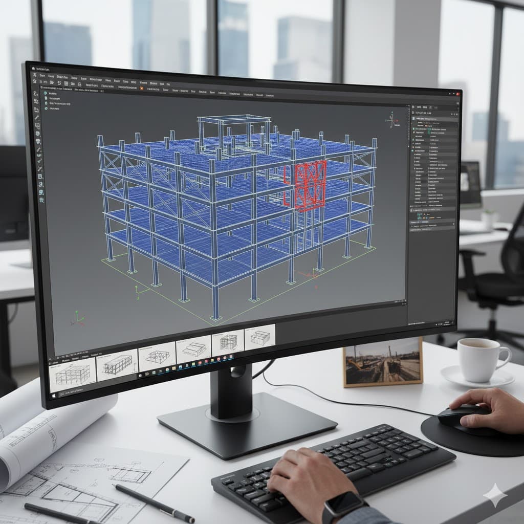 Engineer working on a 3D structural BIM model on screen