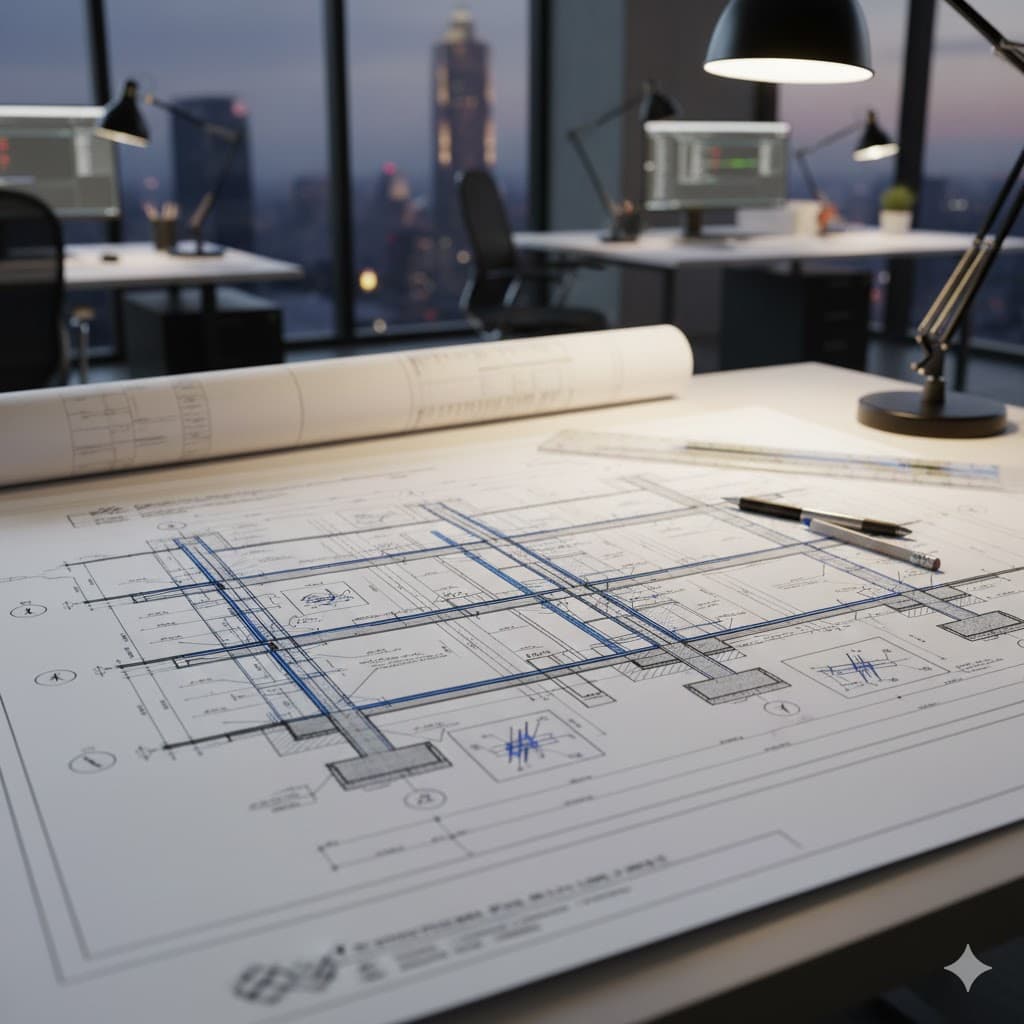 Structural drawings and BIM details on a desk